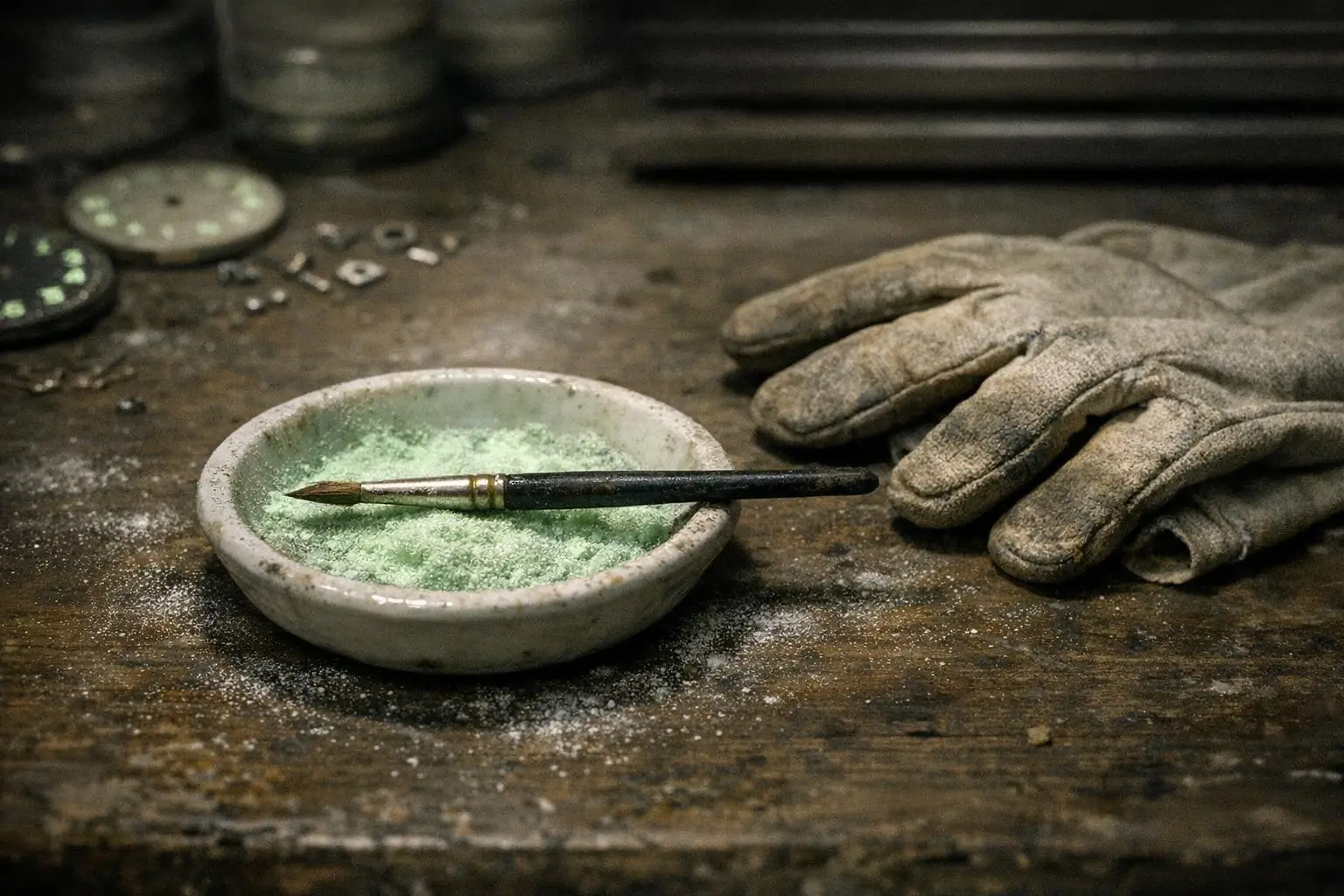 Curiosidades reales y misterios racionales 2 Radium Girls: cuenco blanco con polvo verde claro y pincel sobre mesa de madera, junto a guantes gastados