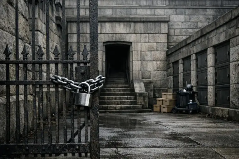 Skull and Bones: de sociedad secreta a estructura de continuidad 1 Verja de hierro con cadena y candado en un patio de piedra, Skull and Bones