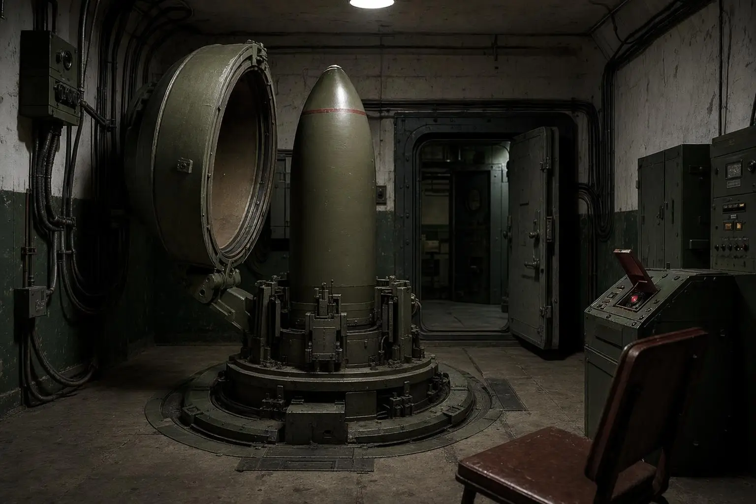 Curiosidades reales y misterios racionales 2 Dead Hand soviética en una sala de hormigón con un objeto cilíndrico vertical y paneles metálicos