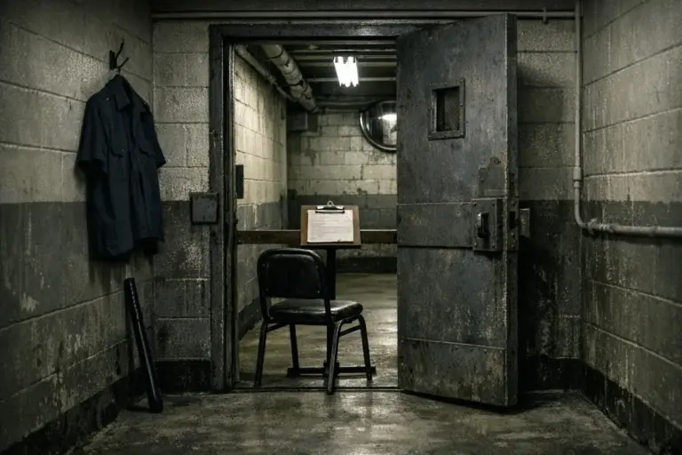 Experimento de la prisión de Stanford: más diseño que descontrol 2 Pasillo de bloques con puerta metálica abierta, silla y tabla, experimento de la prisión de Stanford