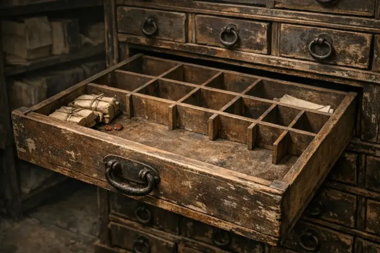 Illuminati de Baviera: lo que queda al separar la orden del mito 3 Cajón abierto de madera envejecida con compartimentos e Illuminati de Baviera