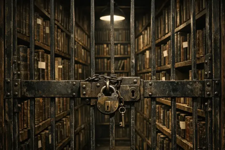 Index Librorum Prohibitorum: de lista negra a sistema de reglas 5 Index Librorum Prohibitorum en una sala con libros antiguos tras una reja metálica cerrada con candado