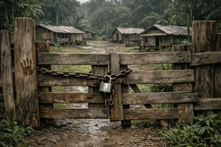 Jonestown: de suicidio colectivo a estructura de encierro 1 Portón de madera con cadena y candado frente a casas en claro selvático, Jonestown