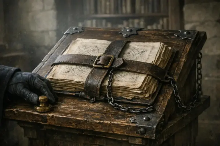 Juicio a Galileo: del mito de censura a la frontera de autoridad 3 Libro antiguo con páginas gastadas y correas de cuero, juicio a Galileo, sobre un atril de madera