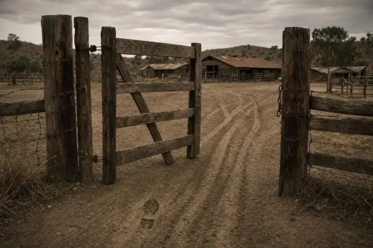 Manson Family: del caos sectario a la estructura de mando 3 Manson Family, portón de madera abierto en un cercado de tierra con construcciones al fondo
