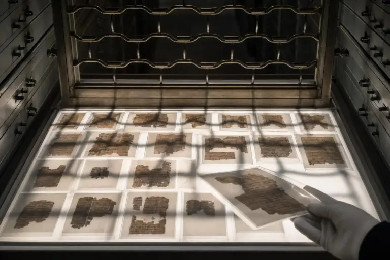 Manuscritos del Mar Muerto: del hallazgo a la regla de acceso 2 Manuscritos del Mar Muerto dispuestos en una mesa iluminada, con una mano enguantada sosteniendo una lámina