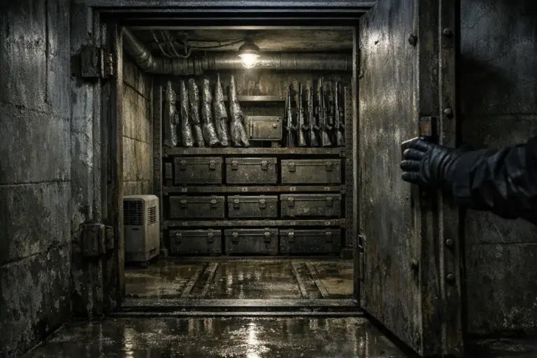 Operación Gladio: de plan defensivo a arquitectura clandestina 3 Operación Gladio en una sala angosta con cajas metálicas, objetos alargados, suelo mojado y una puerta abierta
