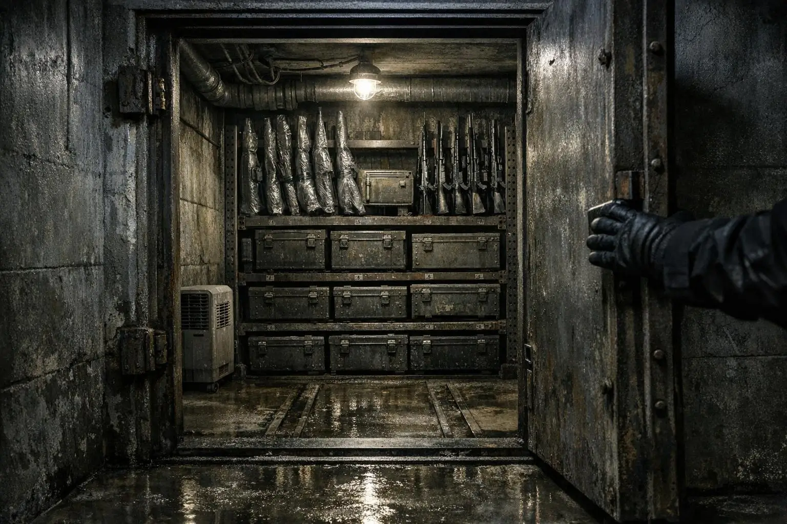 Curiosidades reales y misterios racionales 2 Operación Gladio en una sala angosta con cajas metálicas, objetos alargados, suelo mojado y una puerta abierta
