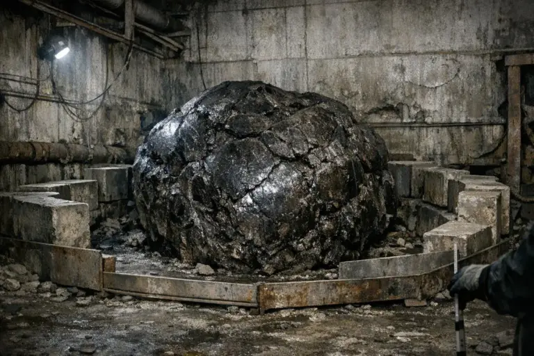 Pie de elefante de Chernóbil: de mito radiactivo a fallo de sistema 6 Pie de elefante de Chernóbil: gran masa oscura y agrietada rodeada de bloques en una sala de hormigón