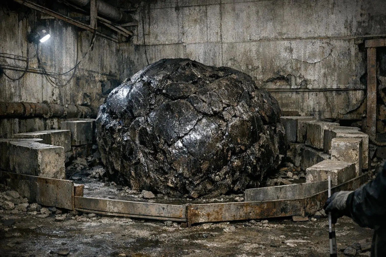 Curiosidades reales y misterios racionales 2 Pie de elefante de Chernóbil: gran masa oscura y agrietada rodeada de bloques en una sala de hormigón