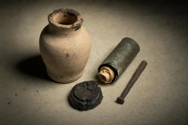 Bagdad battery: por qué dar voltaje no prueba para qué servía 4 Bagdad Battery con vasija de barro, cilindro metálico, disco oscuro y pieza alargada sobre fondo liso