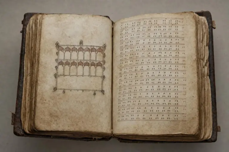 Códice Rohonczi: de libro misterioso a sistema organizado 3 Códice Rohonczi en un libro antiguo abierto, con dibujo lineal a la izquierda y filas de signos a la derecha
