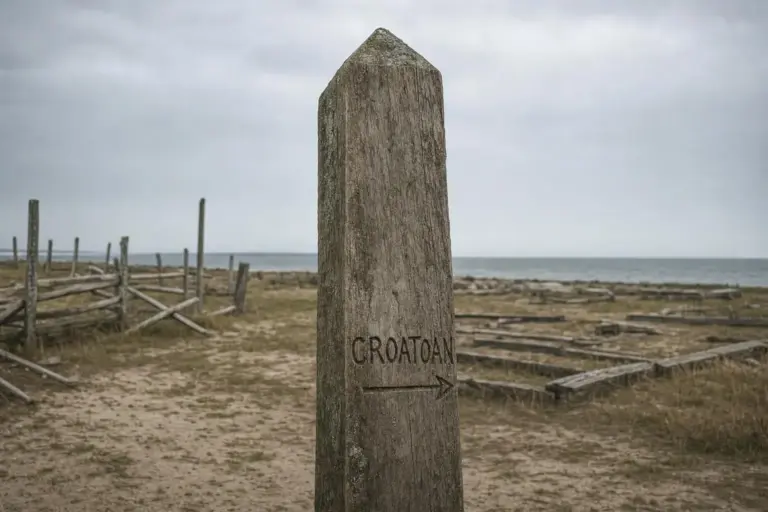 Colonia de Roanoke: de la desaparición al traslado señalado 1 Poste de madera con la palabra CROATOAN grabada en un entorno costero, colonia de Roanoke