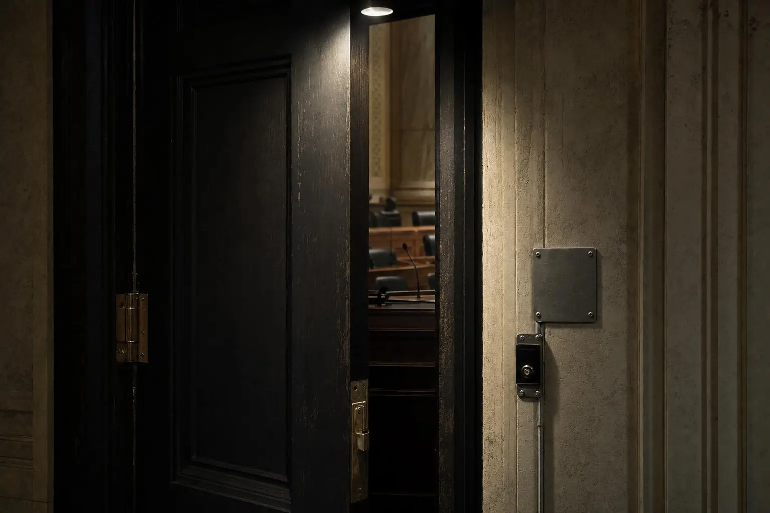 Curiosidades reales y misterios racionales 2 Comité Church, puerta de madera oscura entreabierta con sala interior y mesas al fondo