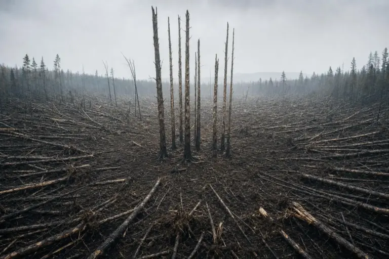 Evento de Tunguska: cuando la falta de cráter ordena el caso 6 Evento de Tunguska en un claro amplio con troncos caídos y varios árboles secos en el centro