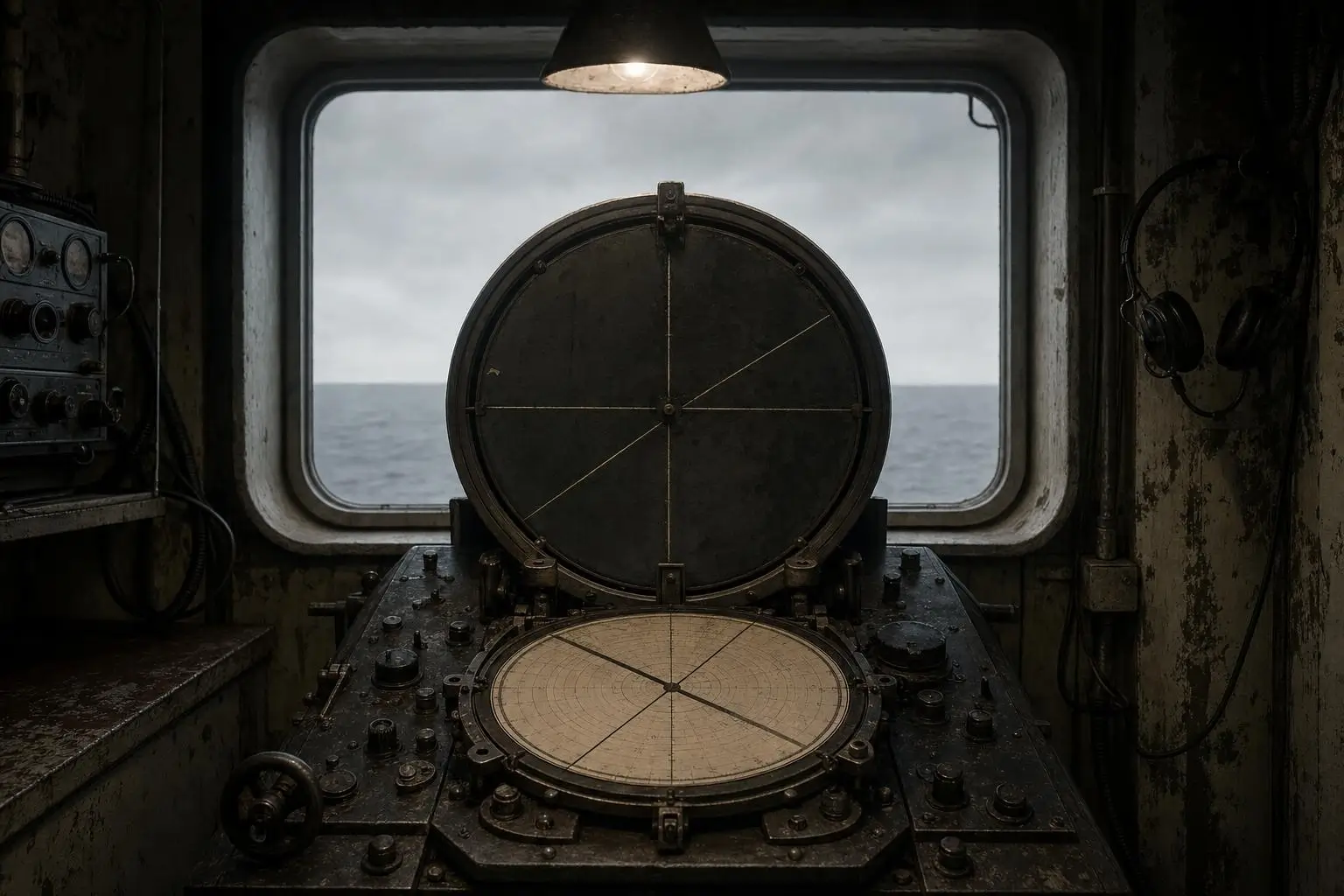 Curiosidades reales y misterios racionales 2 Cabina metálica oscura con un equipo circular y ventana rectangular abierta al mar