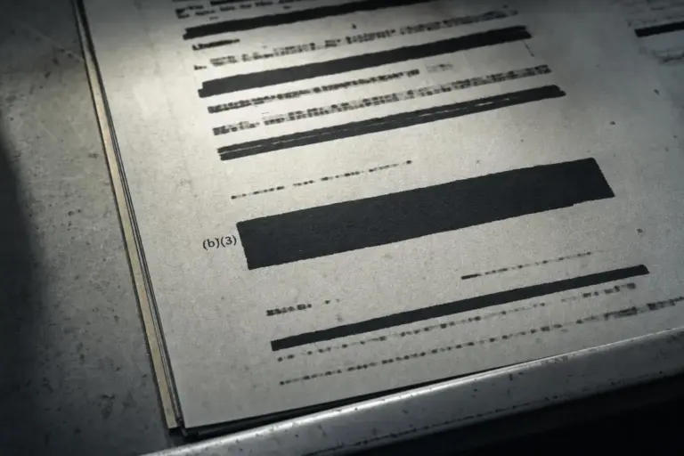 Documentos FOIA: cuando el tachón es procedimiento, no confesión 4 Hoja impresa con varias líneas negras que cubren texto sobre una superficie gris