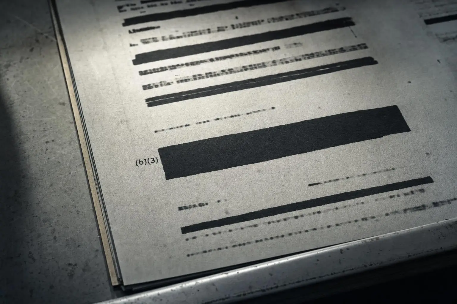 Documentos FOIA: cuando el tachón es procedimiento, no confesión 1 Hoja impresa con varias líneas negras que cubren texto sobre una superficie gris
