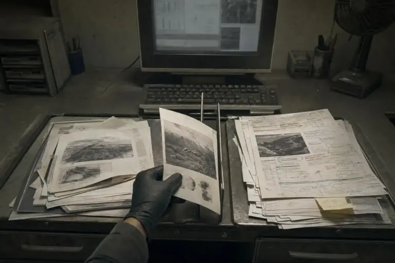 Deep research: el límite real entre automatizar y verificar 1 Mano con guante negro sosteniendo una hoja sobre un escritorio con papeles, monitor y teclado
